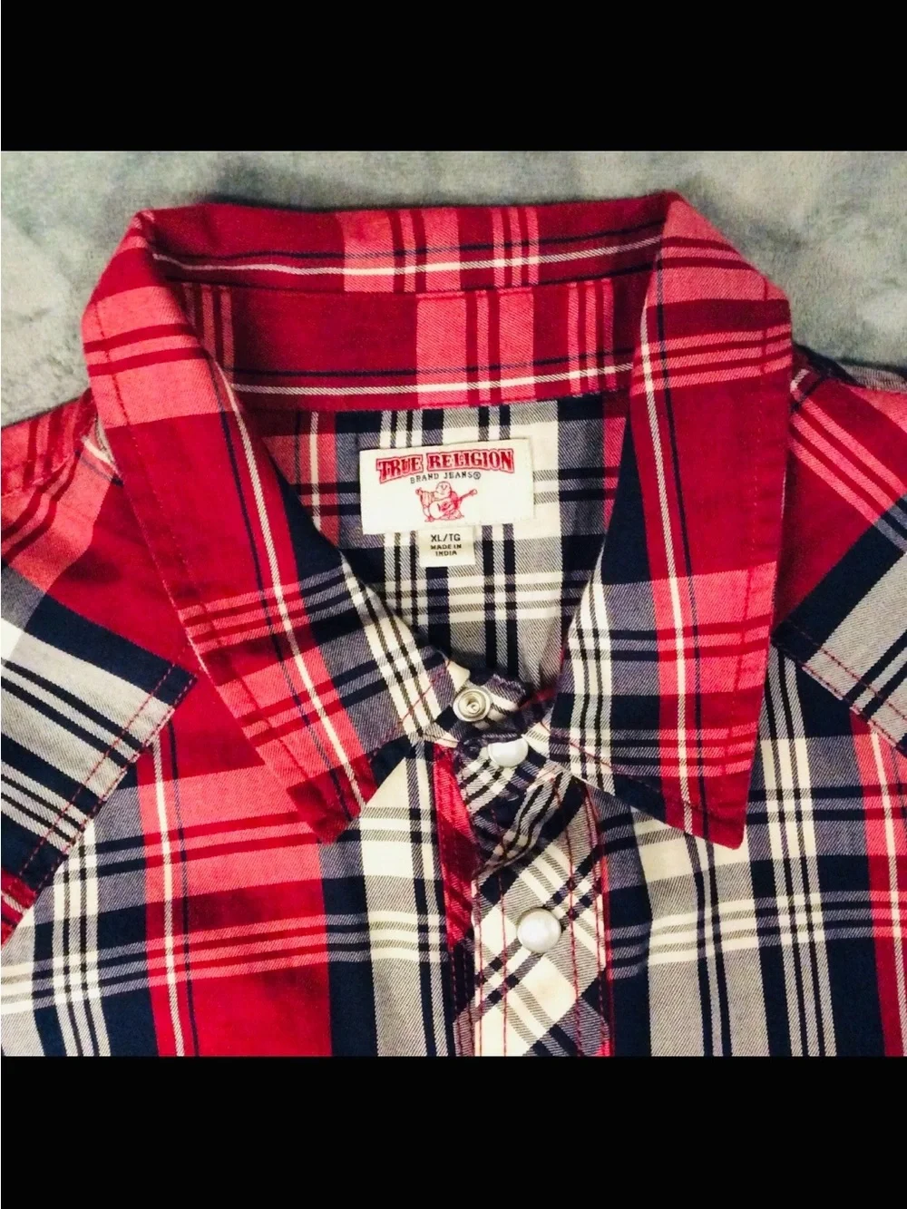 True Religion Men's Red Plaid Short-Sleeve Button-Up Shirt